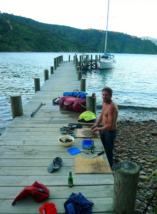 Preparing seafood catch for dinner