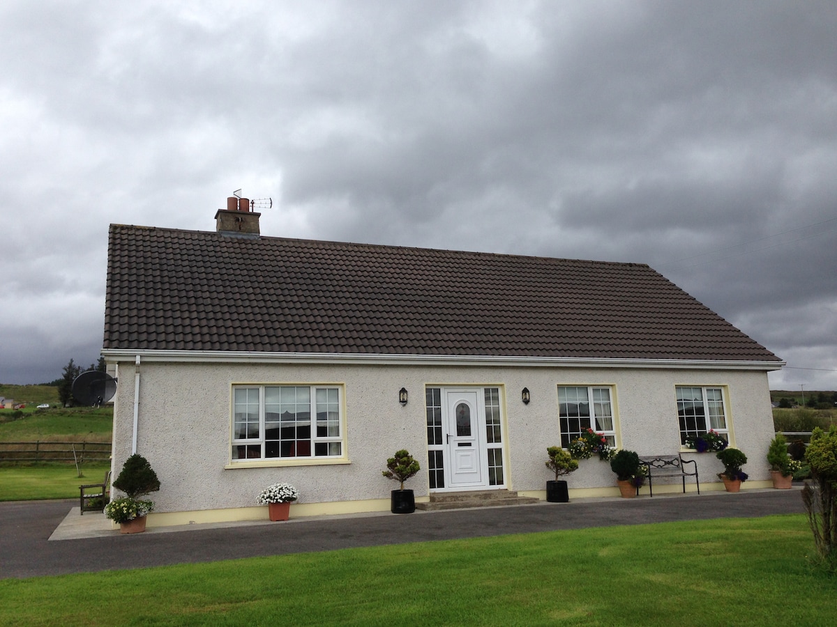 A single-story house is presented with a light gray exterior and a tiled roof. Two large front windows are framed by flower pots, enhancing the entrance which features a white door and additional decorative plants on either side. The surrounding green lawn adds to the welcoming appearance.