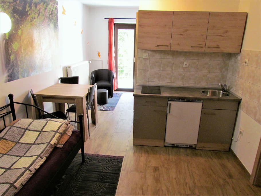 Living room with one single bed and kitchen