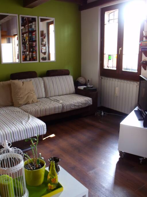 La zona giorno con il divano che diventa letto singolo. Living room with sofa-bed.