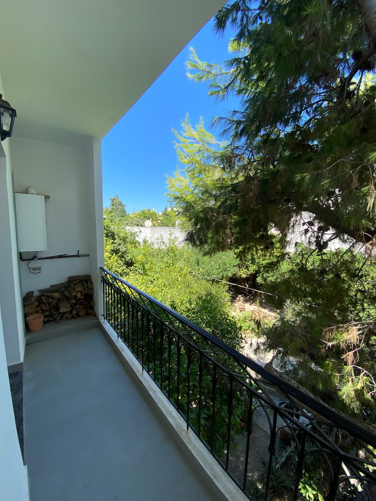 A balcony overlooking greenery is featured, with a clear blue sky above. A small storage area with logs is visible to one side, adding to the outdoor space's functionality. The railing provides safety while allowing for a view of the surrounding nature.