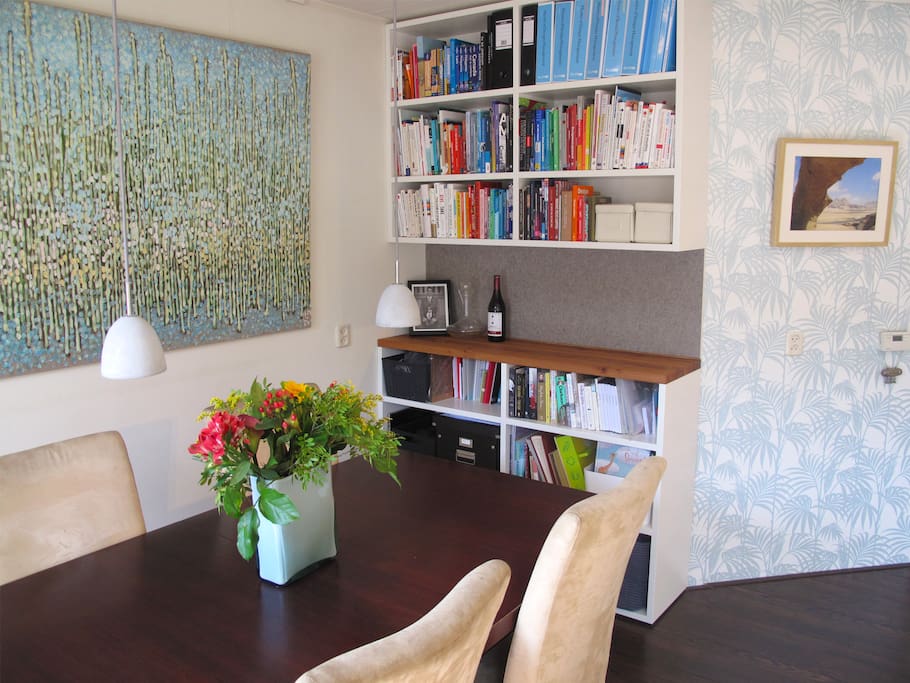 Dining room and library.