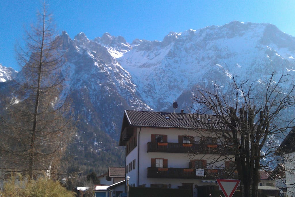 View of Karwendelspitze above the apartment building - mid-March