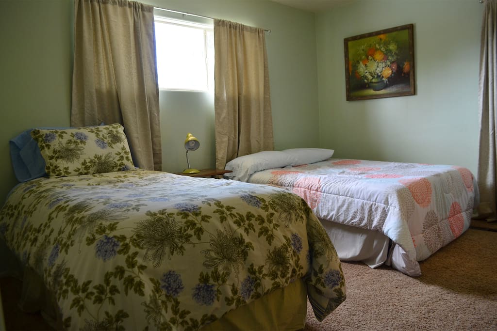 Second bedroom with full size bed and twin bed.