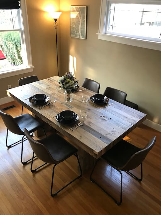 Dining table seats up to 6 comfortably.