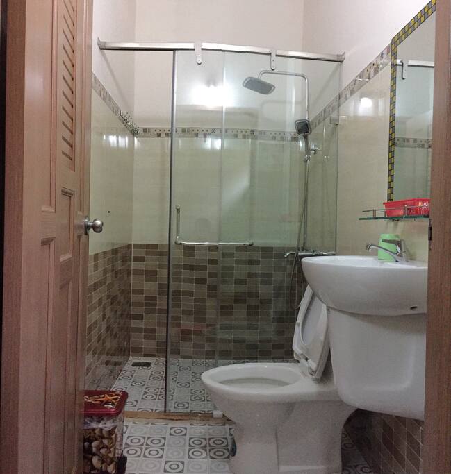 Shower curtain, cold and hot water.