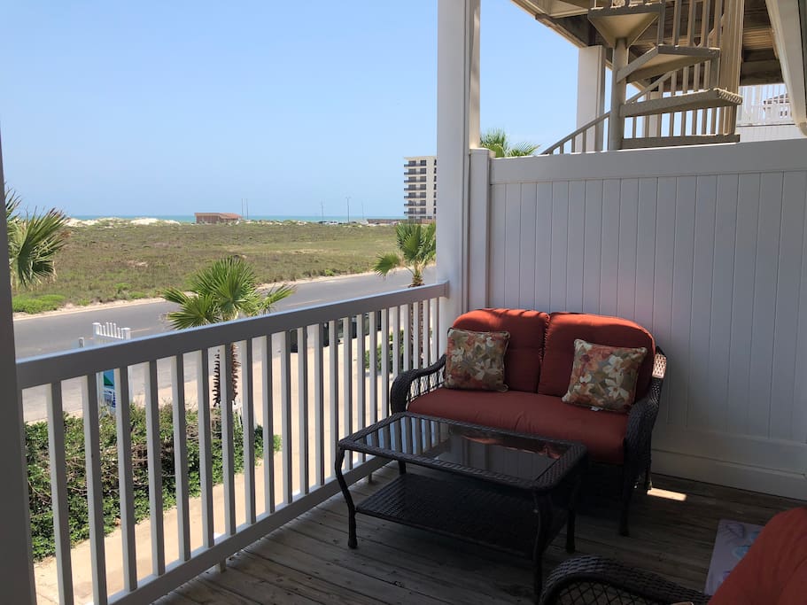 Our second story deck is furnished with a lounge chair plus seating for four people. There is a beautiful view of the dunes and Gulff across the street.