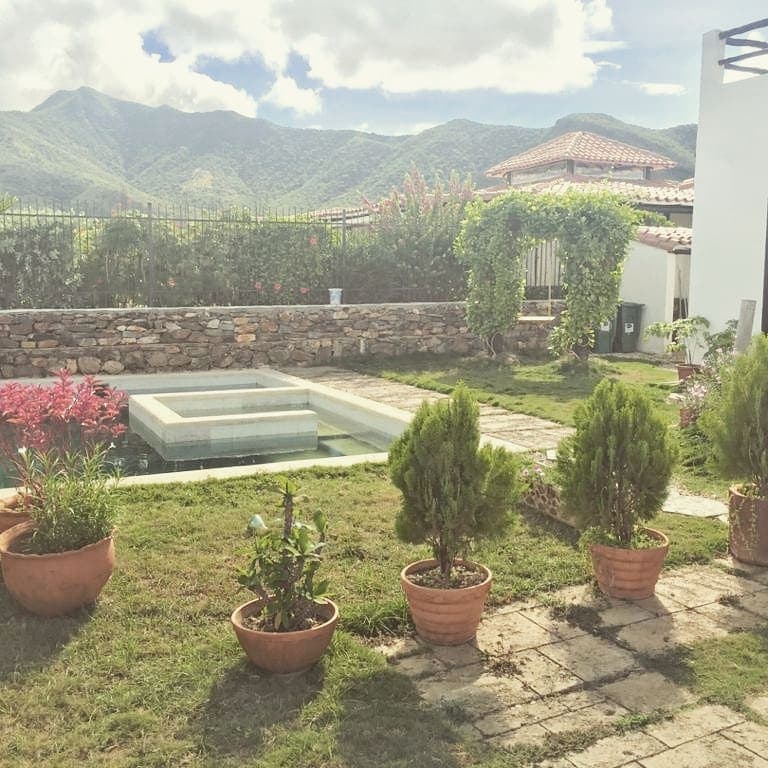 A serene outdoor space features a stone pathway leading to a small pool. Potted plants in terracotta containers frame the area, while green grass and mountainous scenery create a peaceful backdrop. Lush greenery and flowering plants add natural beauty to the setting.