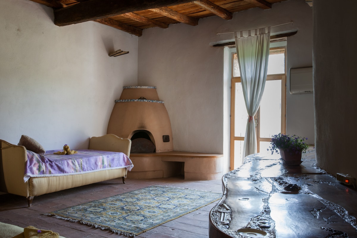 An inviting space features a daybed draped with a soft blanket. A clay fireplace adds rustic charm, while light filters through a nearby window with sheer curtains. A wooden table complements the earthen tones, and a potted plant adds a touch of nature.