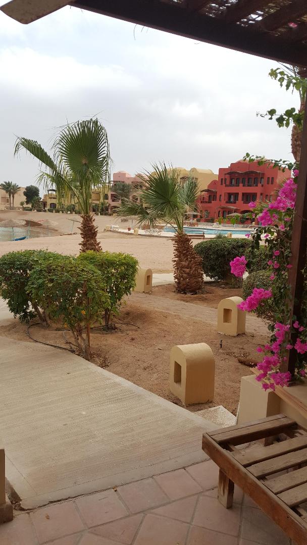 The image captures a pathway leading towards a sandy area, bordered by palm trees and colorful plants. In the background, low-rise buildings in shades of yellow, pink, and red are visible, along with a shared swimming pool. The scene reflects a calm outdoor environment.