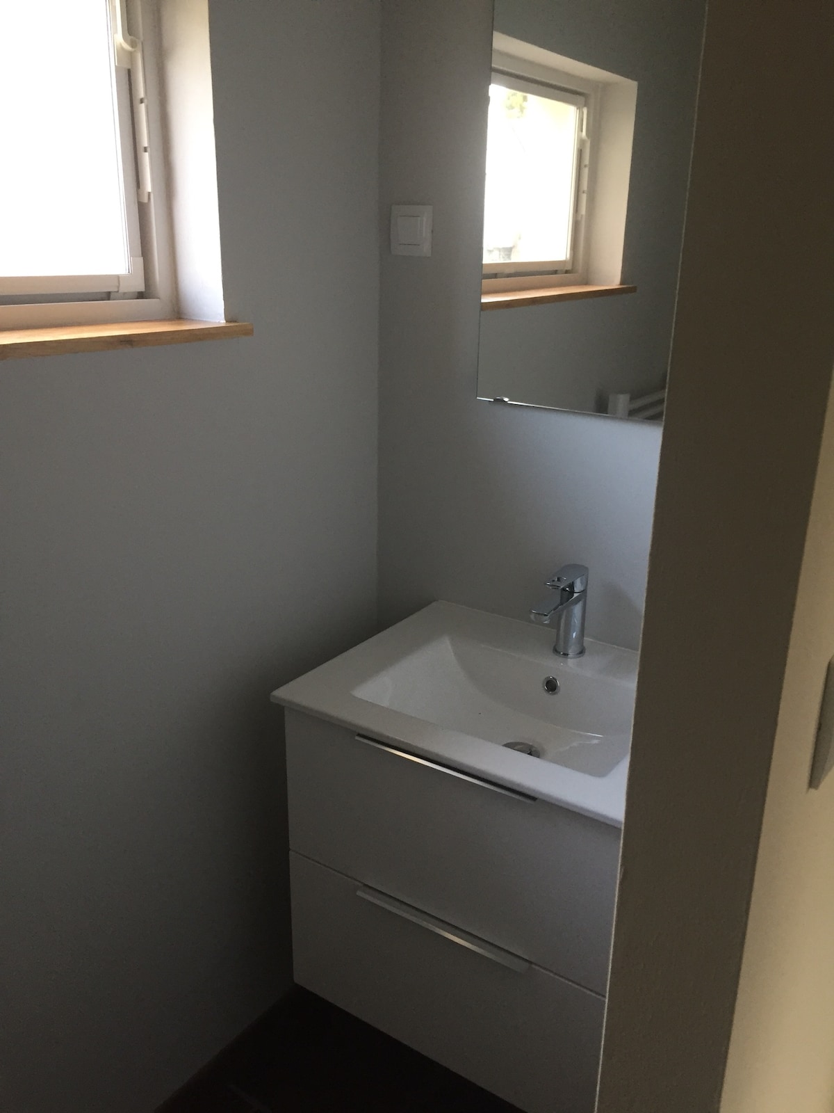 A compact bathroom space is featured, showcasing a modern sink with a sleek faucet. Natural light enters through two small windows, illuminating the grey walls and accentuating the minimalistic design. A mirror is mounted above the sink, reflecting the clean and organized atmosphere.