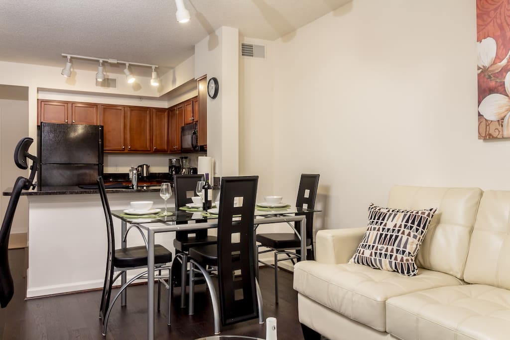 view from living area to kitchen