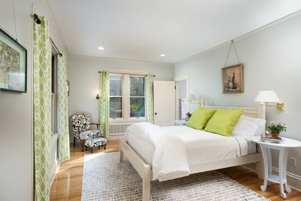 The master suite has everything you need for a quiet get-away: a private master bath, a walk-in closet with antique wardrobe, a working desk, a fiesta-ware breakfast nook, and a new, quiet washer and dryer.