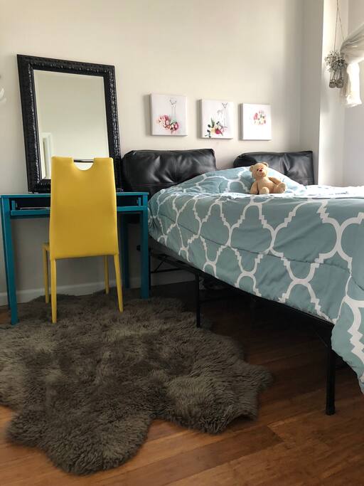 Welcome to your room. Full bed. Desk . Chair. Sheep-hair carpet( be mindful no shoes please), mirror, walk in closet.