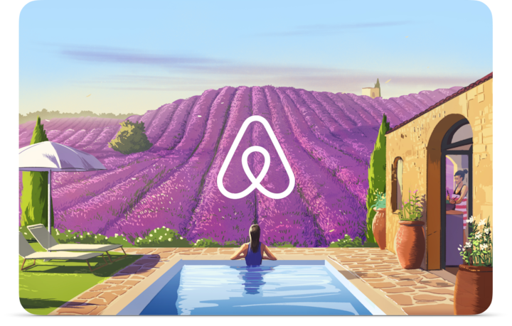 Illustration of a person perched at the end of a long pool, looking over rolling hills of lavender. On the right,  there's someone cooking just inside the arch of a sandstone villa. The Airbnb logo is in the center.