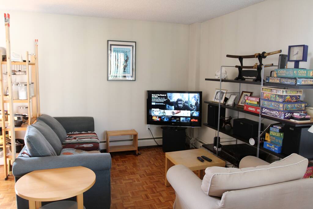 The living room. 42" HD TV with Netflix (Roku), XBox One (360 games only), sound system and board games.