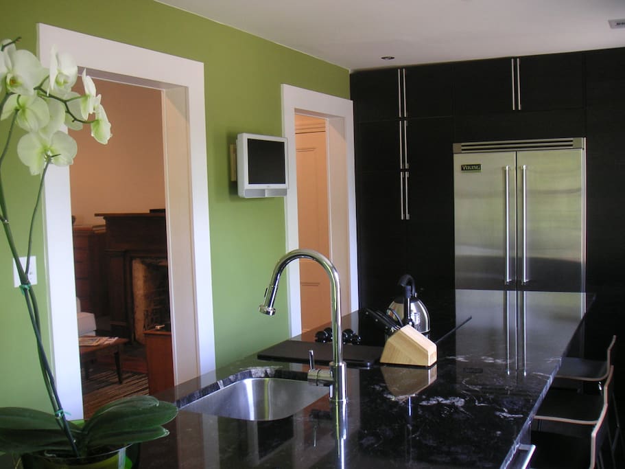 Gourmet Kitchen with Viking refrigerator, HDTV, and Granite Island