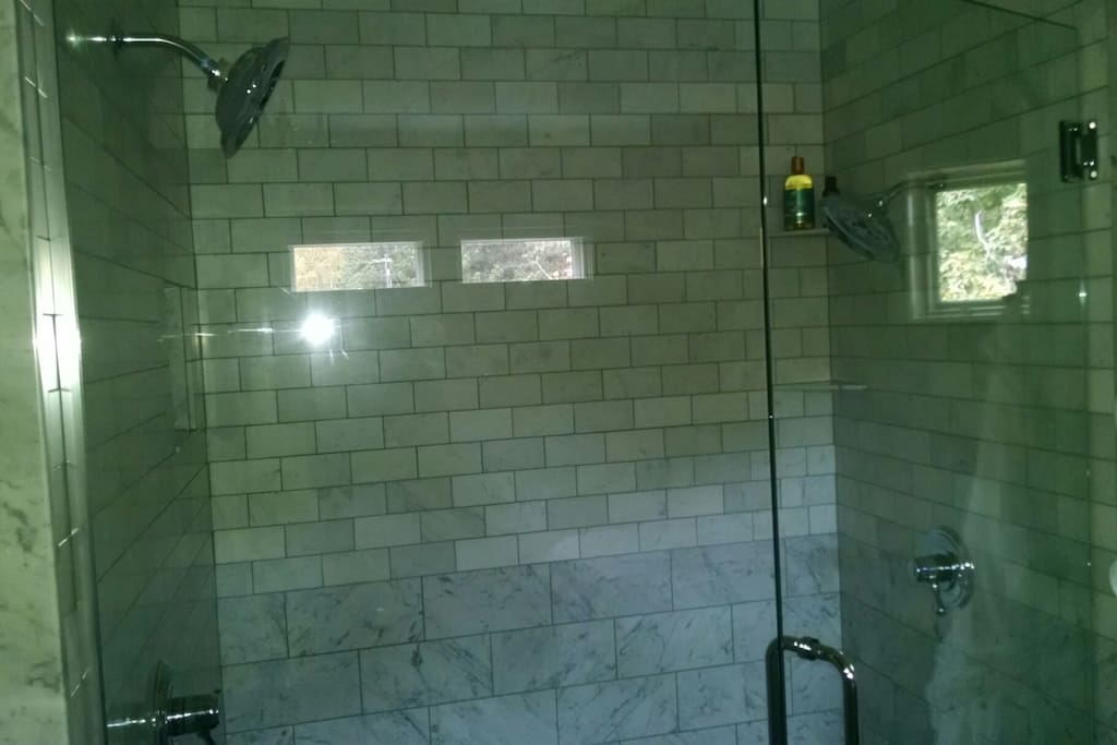 Floor to ceiling marble shower for two.