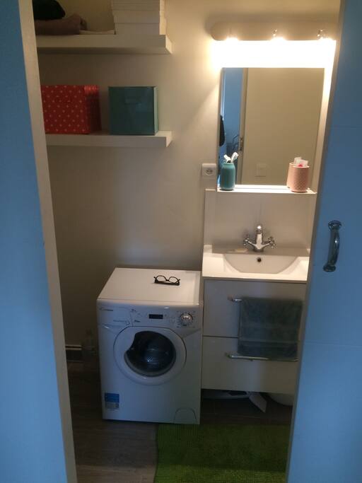 Salle de bain avec machine à laver à disposition