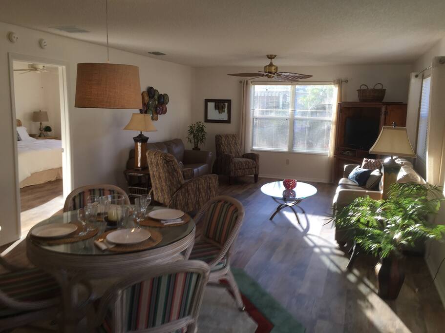 Large, open, living/dining area with pull out sofa