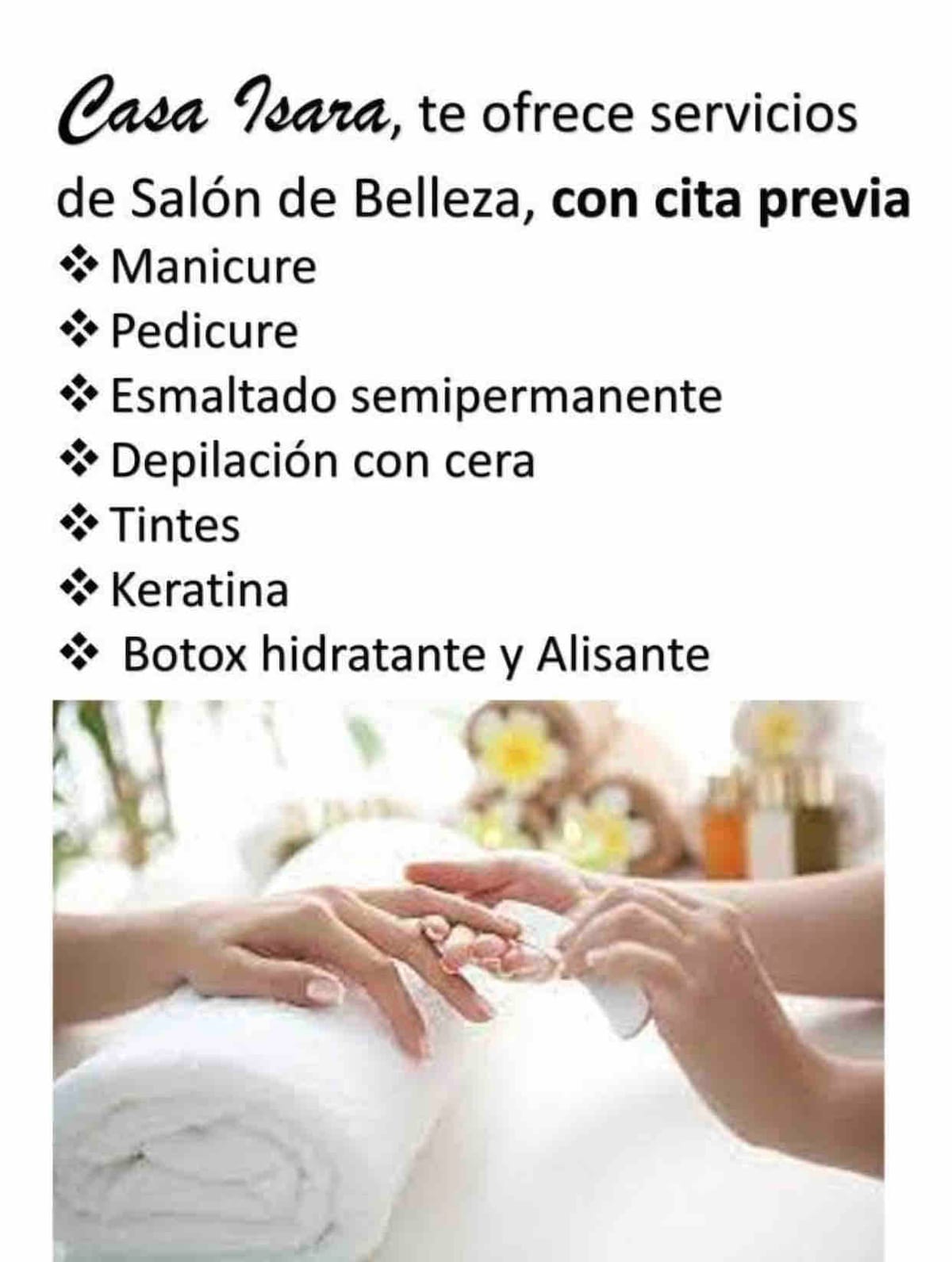 A serene beauty salon atmosphere is depicted, highlighting a manicure and pedicure service. Neatly arranged towels are visible, suggesting a focus on relaxation and pampering. Various beauty services such as waxing and treatments are listed, ensuring a comprehensive experience for guests.