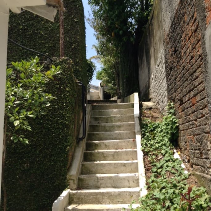 escada da entrada - ponto de vista: de costas para a porta da casa