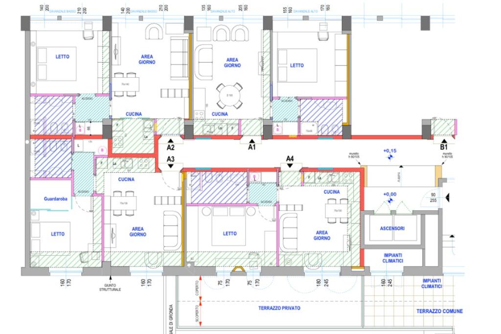 Plan floor of 4 apartments.
A1 is BRERA BLUE
A2 is BRERA GIALLO
A3 is BRERA ROSSO
A4 is BRERA VERDE