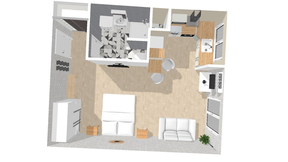 A floor plan of the studio 'O Nico' is presented, displaying a well-organized layout. The space includes a bed area, a convertible sofa, a dining space with two chairs, a kitchenette, and a separate bathroom. Clear pathways ensure easy movement throughout the studio.