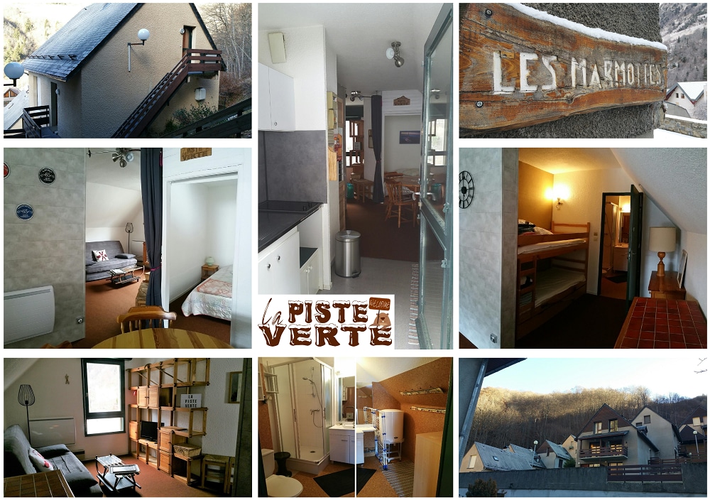 The collage showcases various areas of the residence, including the exterior with sloped roofs, a wooden sign displaying 'Les Marmottes,' a cozy sleeping area with a double bed, and a space with bunk beds. A kitchen corner features modern appliances, while light-filled living spaces are evident.