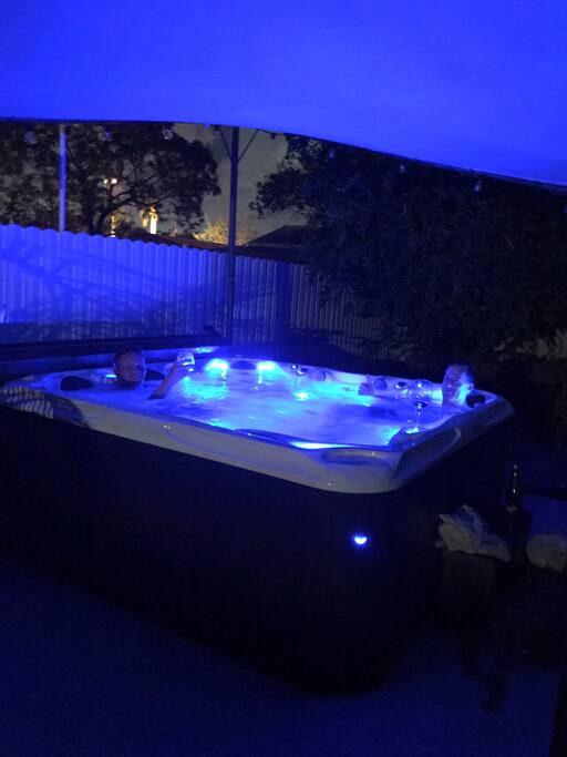 Hot tub at night time.