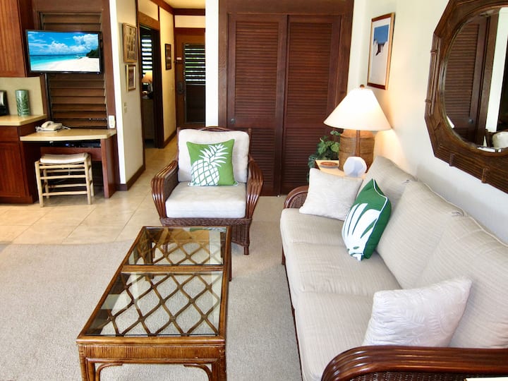 Freshly updated living space with queen pullout sofa