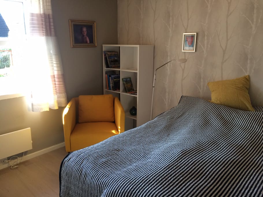 Chair and small library (picture/travel litt.) in room
