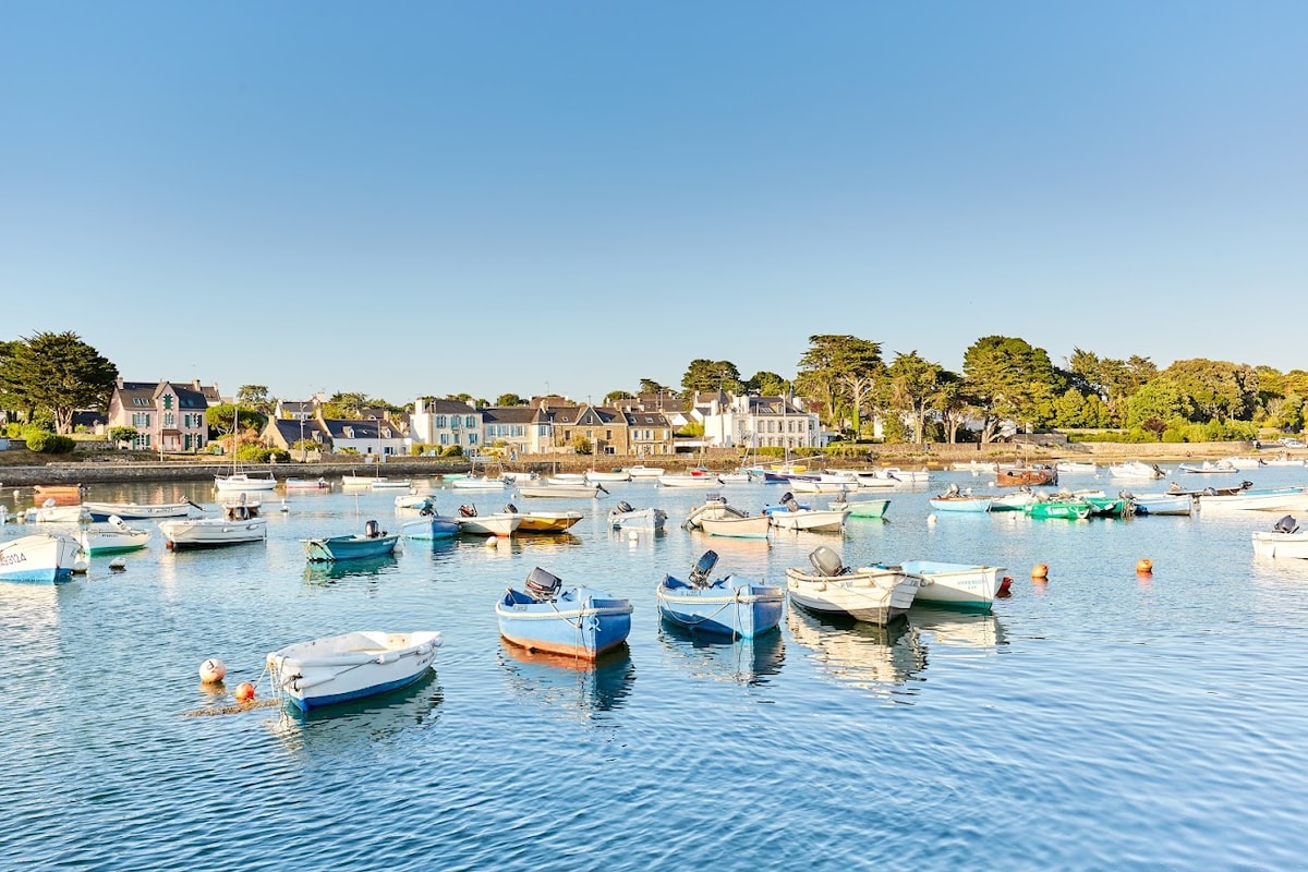 Calm waters reflect a clear blue sky, dotted with small boats anchored at a charming harbor. Quaint buildings line the shore, surrounded by greenery, creating a peaceful coastal scene.