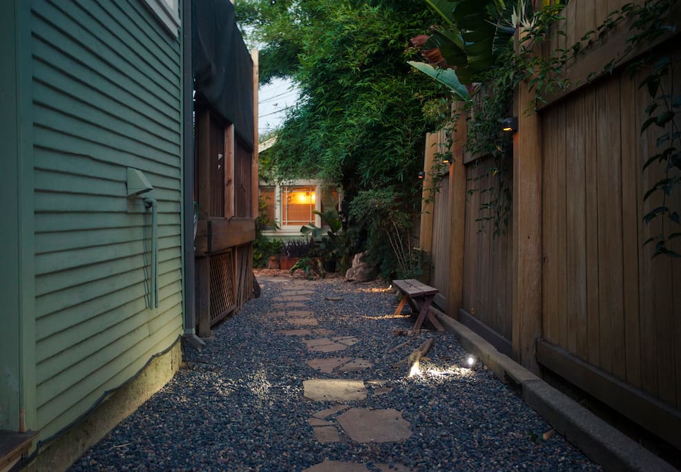 The path to your cottage, nestled between two homes in a quiet upscale Hollywood neighborhood.