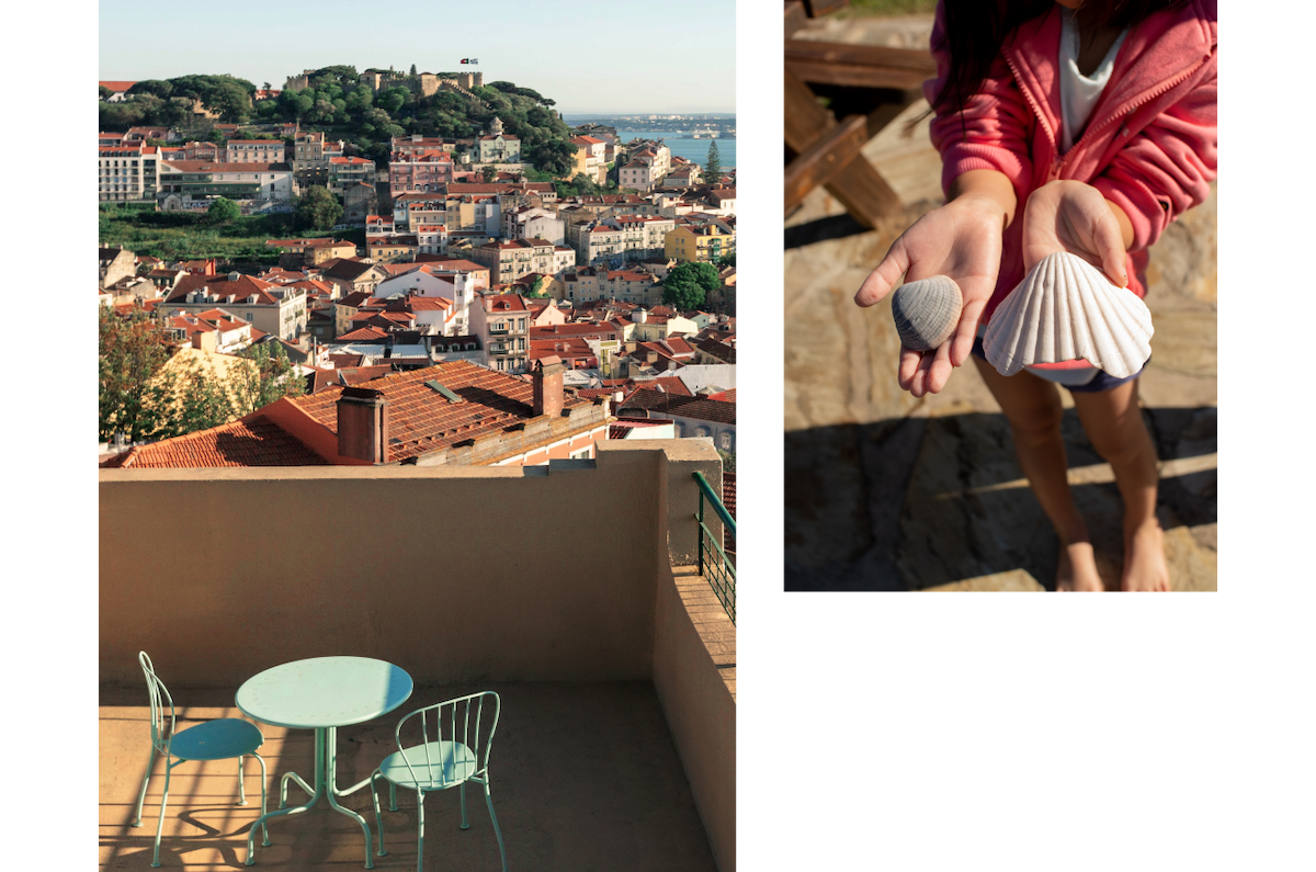 A veranda high in the hills in Lisbon overlooking the bustling streets and terracotta roofs with a gorgeous view of the seaside port below. The second image is a lifestyle shot of a young girl holding freshly picked seashells from the sunny shores of Lisbon.