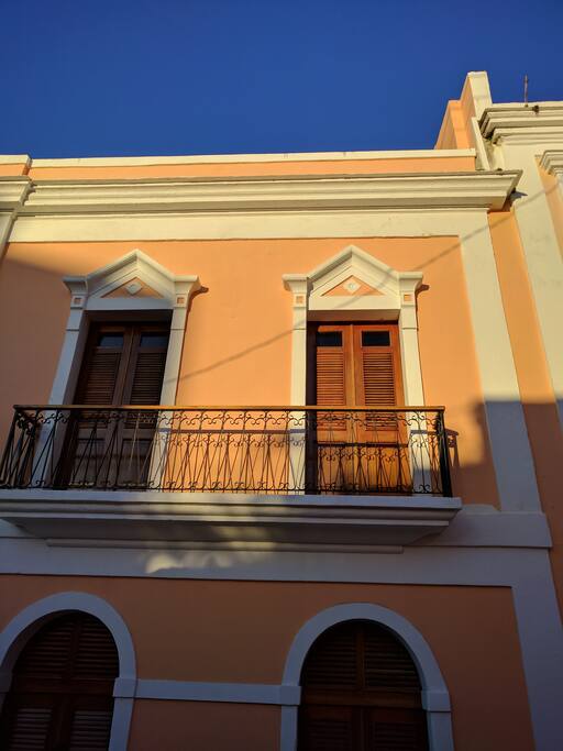 View of the living room's balcony from the street. The bedroom also has a balcony.
