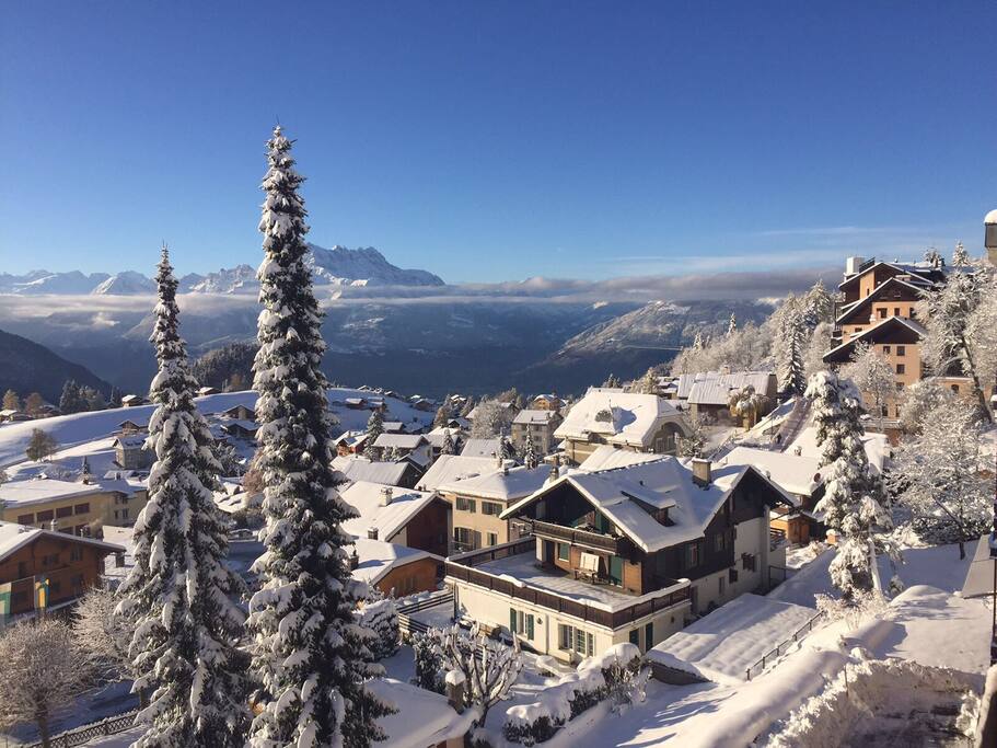 View from the balcony village under snow