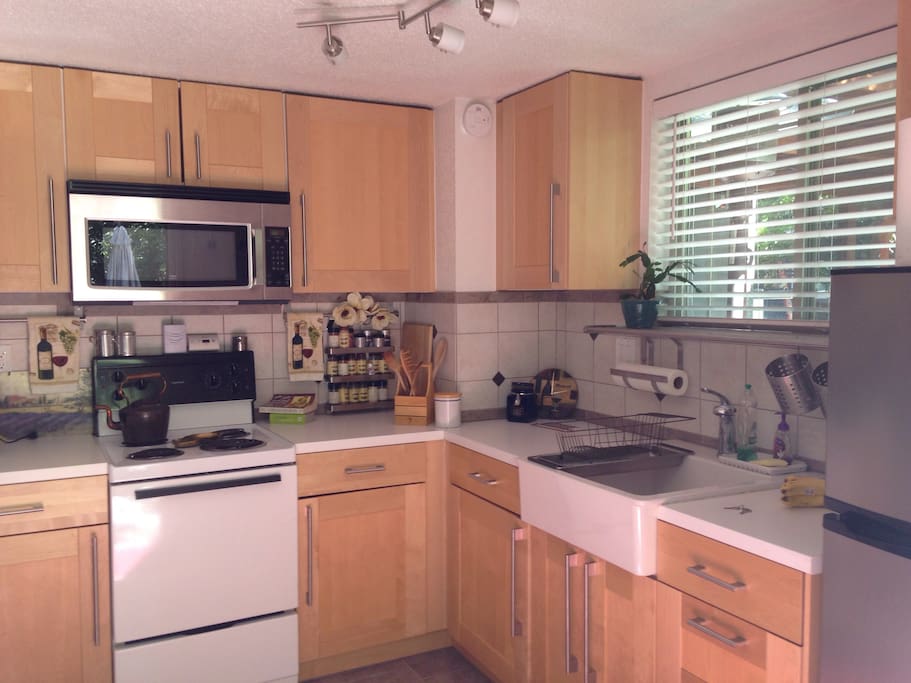 Large, newly remodeled kitchen open to the living area, w microwave and full refrigerator (stocked with many condiment essentials).