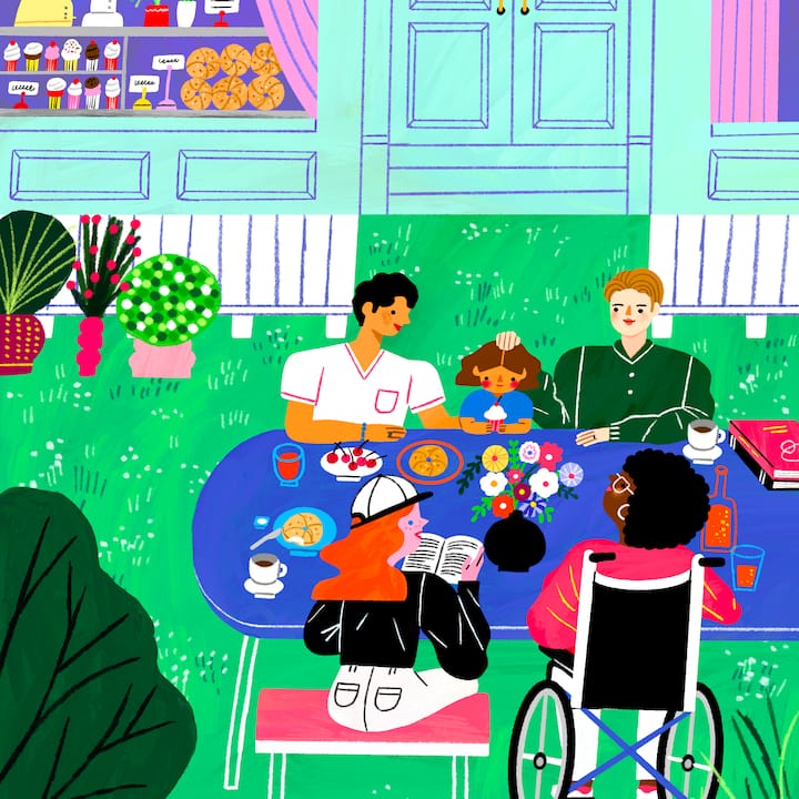 Illustration of a group of family and friends enjoying an outdoor meal