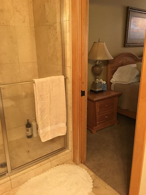 Shower, basin and toilet in this ensuite bathroom