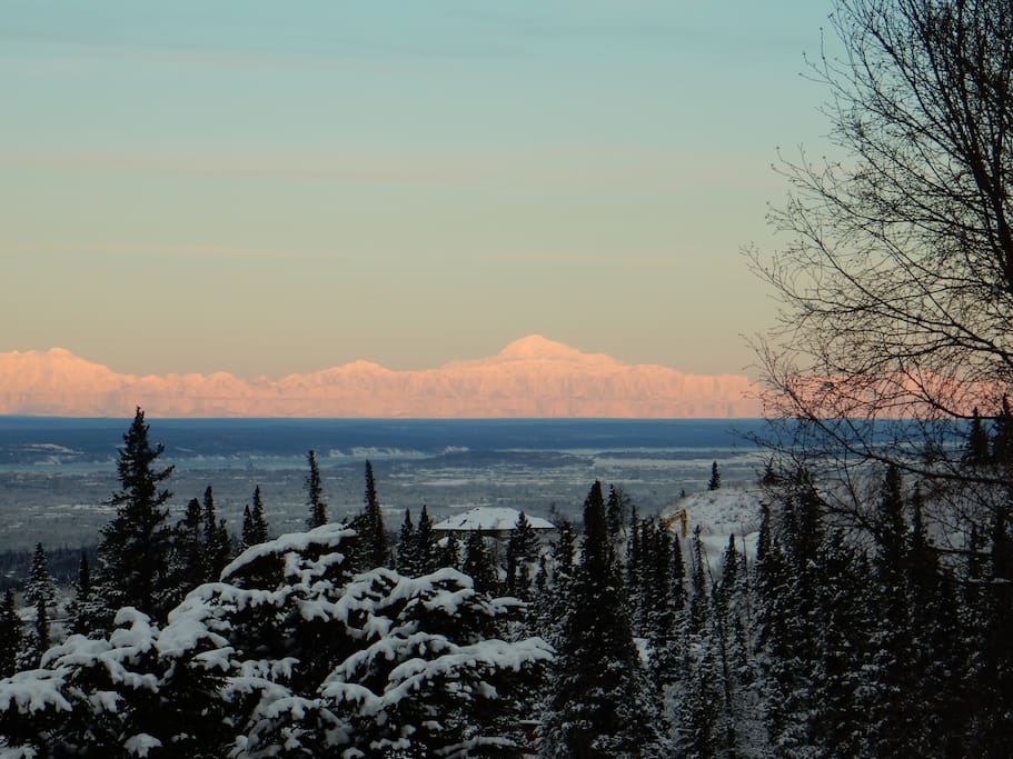 View of Denali ("The Great One") to the north. Mt. Foraker is in the very left of the photo and Mt. Hunter is between them.