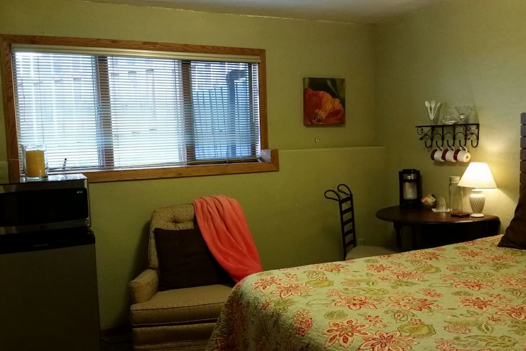 Relax in your cozy private room with fridge and microwave.