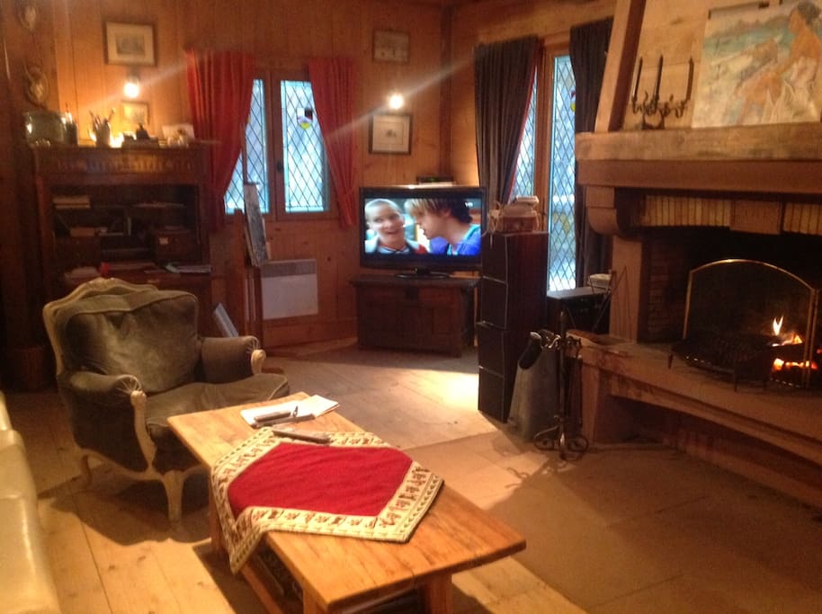 Salon confortable, cheminée et télé ecran plat HD