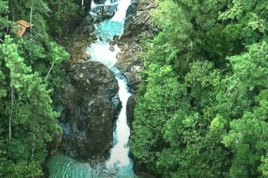 A cascading waterfall flows over rocky surfaces, surrounded by lush green foliage. The water creates natural pools at the base, inviting serene reflections of the dense jungle above.