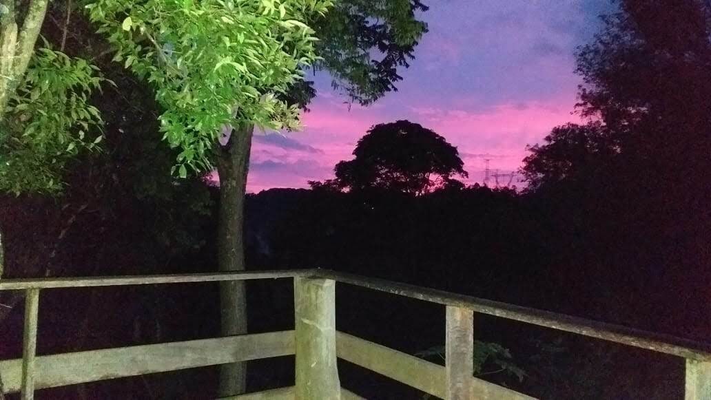 A balcony made of wood is visible, surrounded by trees. The sky displays a gradient of purple and pink hues as the sun sets, creating a serene backdrop. The natural landscape can be seen in the distance, framed by the dark silhouettes of foliage.
