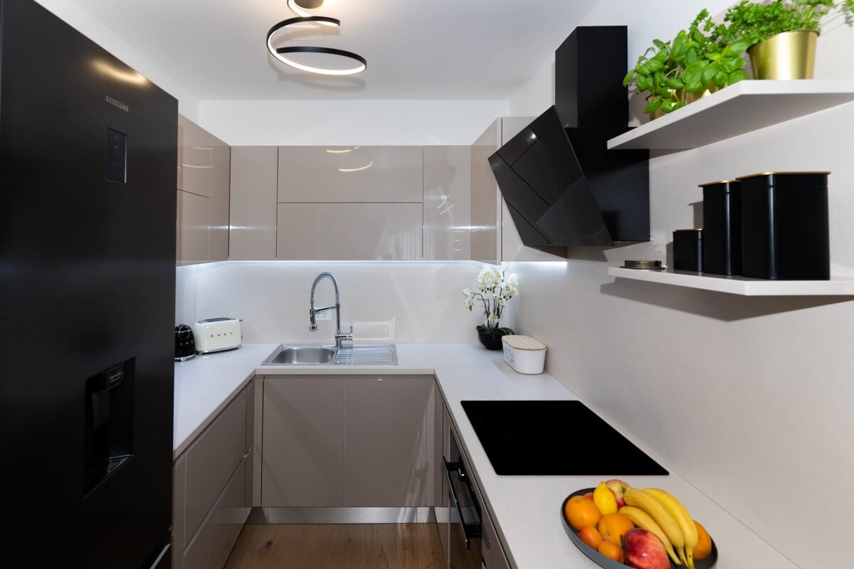 A sleek kitchen features modern cabinetry in neutral tones, complemented by a black refrigerator and sleek countertop. A small sink is situated next to an induction cooktop. Fresh fruits are neatly arranged in a bowl on the counter, with decorative plants placed on shelving above.