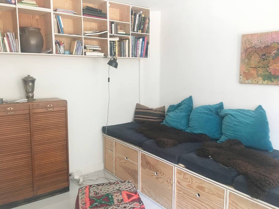 The ottoman is from Morocco and art is from a Copehagen based artist and friend of Joachim