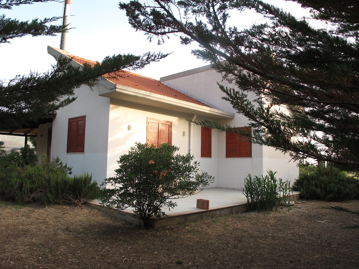 The exterior of the house is shown, featuring a white facade with terracotta roof tiles. Wooden shutters on the windows provide a warm contrast. Surrounding greenery includes low shrubbery and trees, creating a serene atmosphere in a tranquil residential setting.
