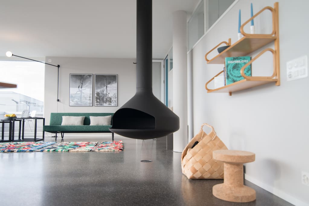 Modern living room with "flying fireplace"