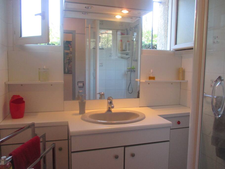 Salle de bain personnelle , fermée et en face de la chambre.Fenêtres qui donnent . sur le jardin sans vis à vis